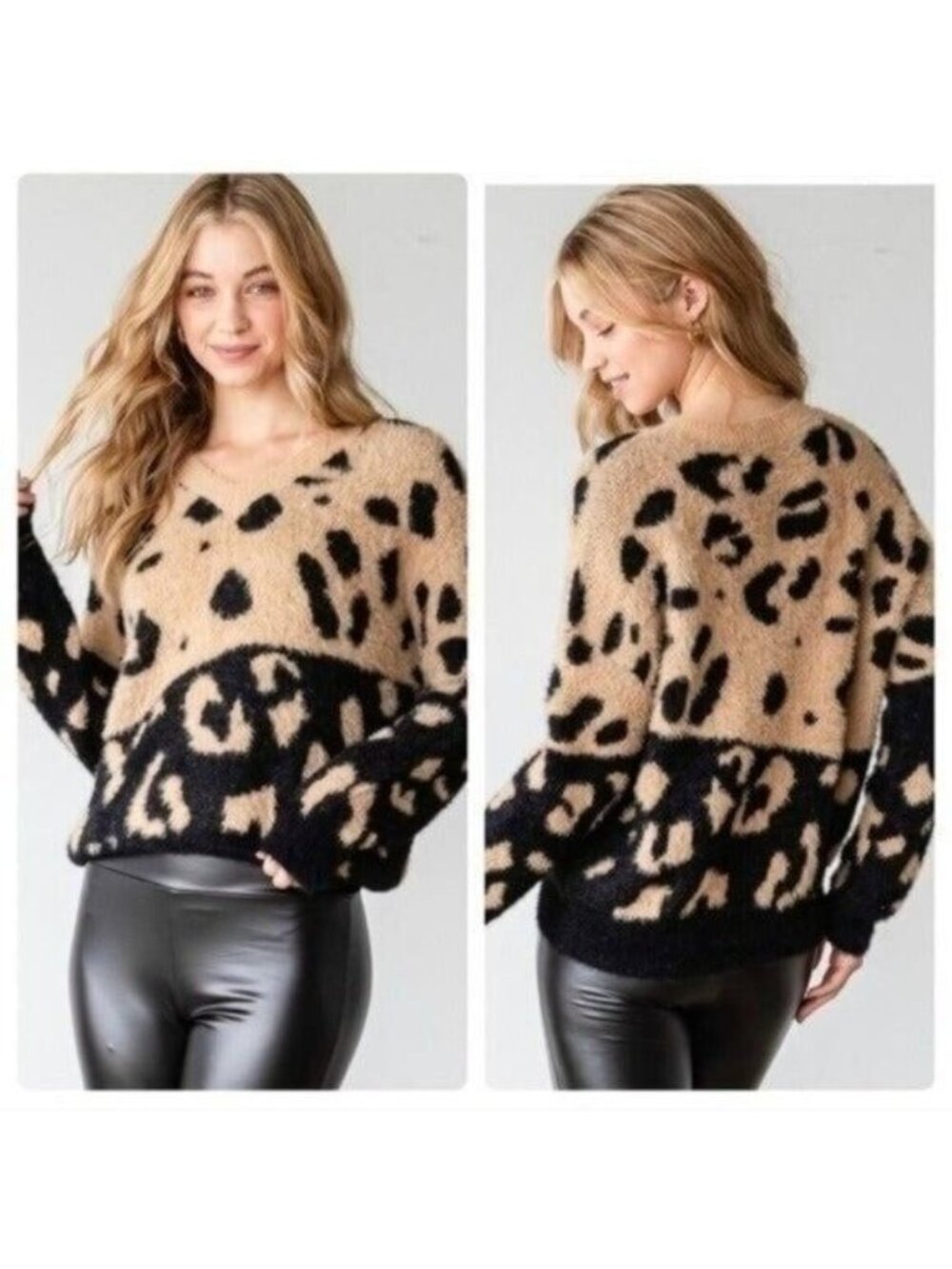Leopard Print Fuzzy Knit V-Neck Sweater Women’s Black & Tan Cozy Pullover